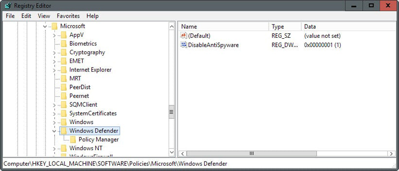 disable windows defender registry editor