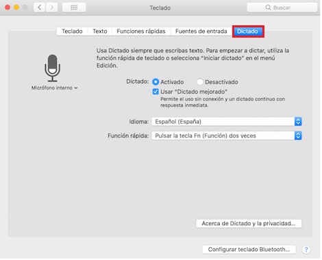 Steps to correctly configure the keyboard on Mac, Dictation Settings