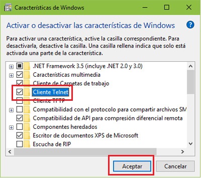 Enable disable Telnet client Windows 10