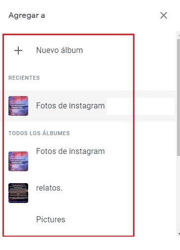 album selection to upload image in google photos