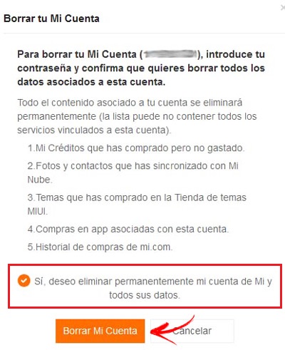 Xiaomi Yes, I want to permanently delete my Mi account and all its data