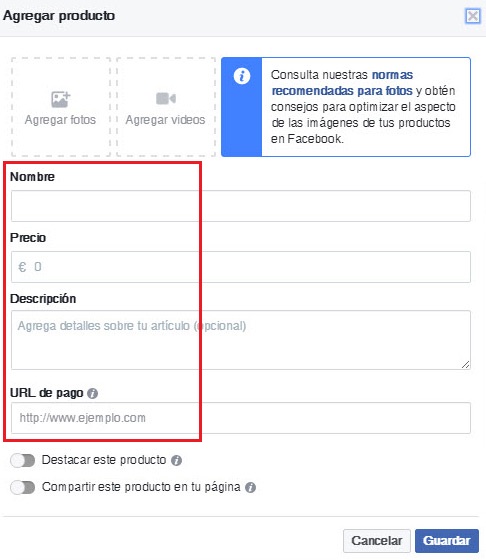 Add product Facebook store