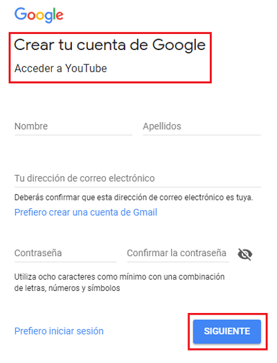 Google account creation form to link with YouTube