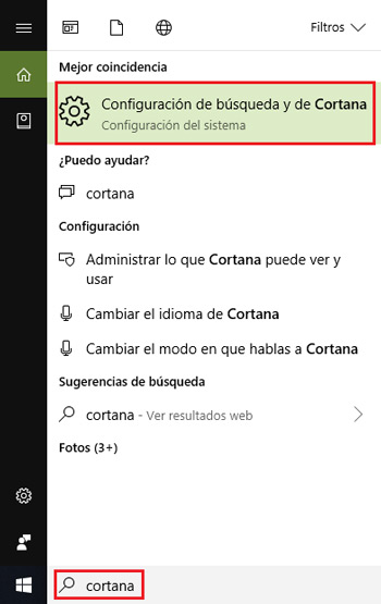 Cortana configuration and search