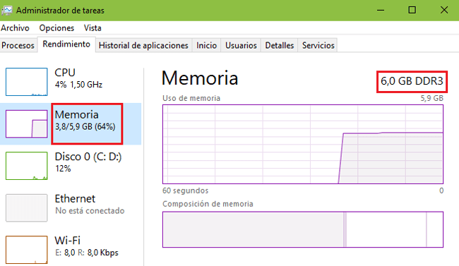 Know performance percentage RAM memory Windows 10
