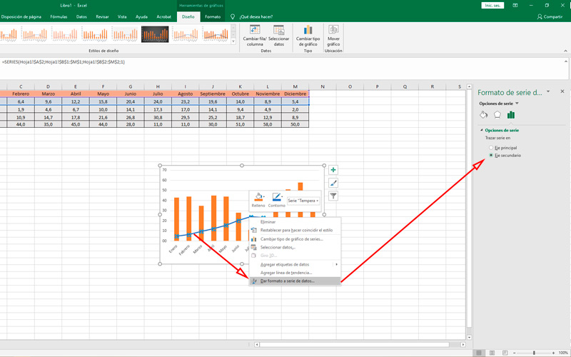 Steps to make a climogram in Excel to keep track of climatological data add axis