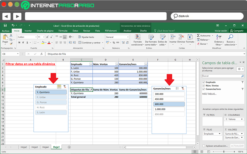 Steps to sort and filter information in an Excel pivot table