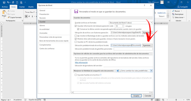 Steps to change the default file path in Microsoft Word