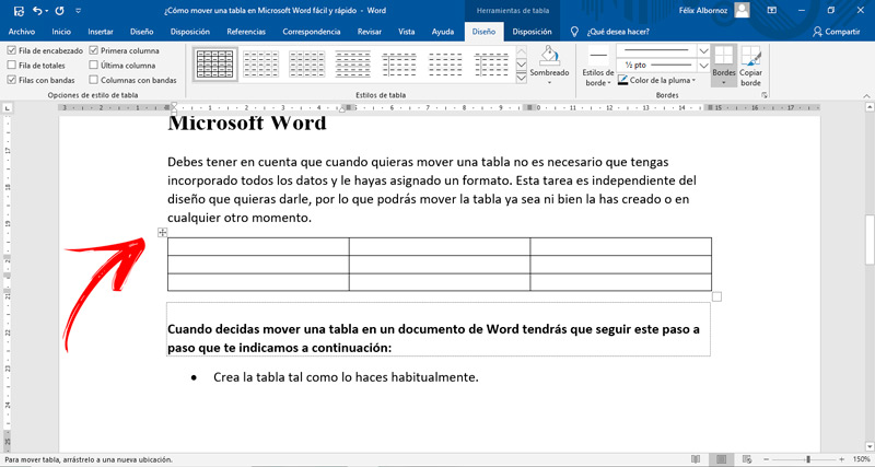 Steps to move a table in a Microsoft Word document