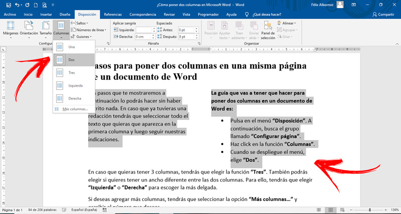 Steps to put two columns on the same page of a Word document