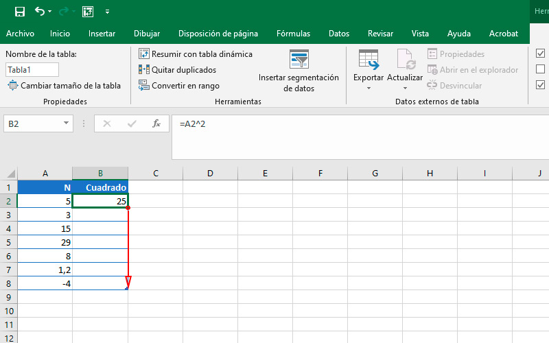 Steps to square a quantity in a Microsoft Excel data table